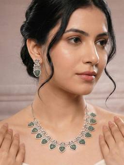 Saraf RS Jewellery - Antique Silver Plated Emerald Green Zircon Cocktail Bridal Jewellery Set