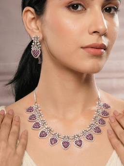 Saraf RS Jewellery - Antique Silver Plated Red Zircon Cocktail Bridal Statement Jewellery