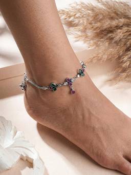 Saraf RS Jewellery - Women Silver Toned Green and Pink Crystal Floral Charm Elegant Payal Anklets