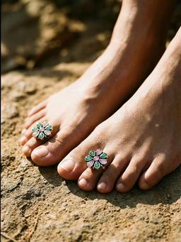 Saraf RS Jewellery - Women Silver Toned Red and Green Crystal Stones Floral Toe Ring Toe Rings