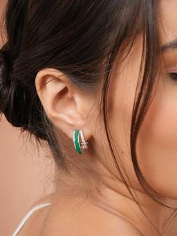 Saraf RS Jewellery - Women Silver Plated Green Enamelled AD Stud Bali Hoop Earrings
