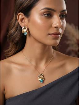 Saraf RS Jewellery - Women 22k Gold Plated Aqua Blue Stone Floral Jewellery Set