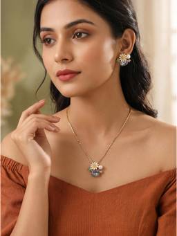 Saraf RS Jewellery - Women 22k Gold Plated Blue Crystal Pearl Daisy Flower Jewellery Set