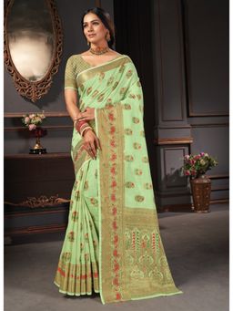 Sangam Prints - Green Woven & Siroski Stone Work Traditional Saree with Unstitched Blouse