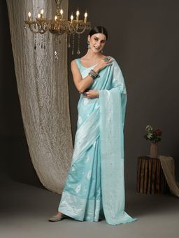 Akhilam - Womens Cotton Silk Turquoise Woven Design Designer Saree with Unstitched Blouse