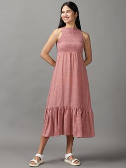 SHOWOFF - Womens Round Neck Midi Mauve Abstract Dress