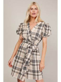 Trendyol - Check Puff Sleeve Wrap Dress