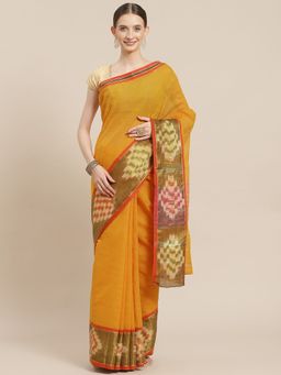 ISHIN - Womens Cotton Blend Mustard Solid Woven Pochampally Saree with Unstitched Blouse