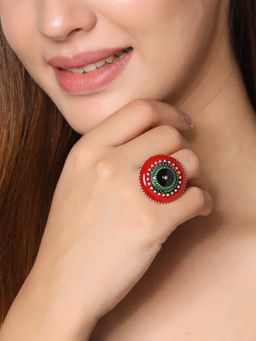 VIRAASI - Oxidised Adjustable Finger Ring Meenakari Enameling