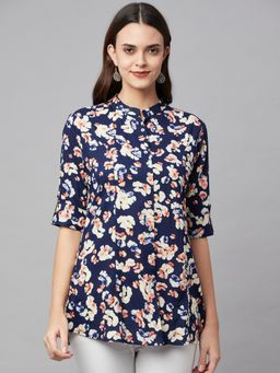 Divena - Navy Blue Floral Rayon A-Line Shirt Style Top
