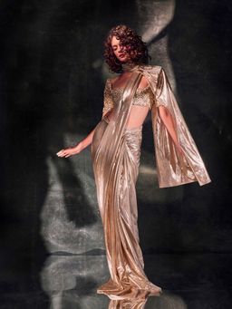 Deme - Metallic Champagne Gold Pre-Pleated Saree with Stitched Blouse