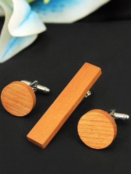 PELUCHE - Smooth Beige - Teak Wood Brown Cufflink & Tie Pin Gift Set