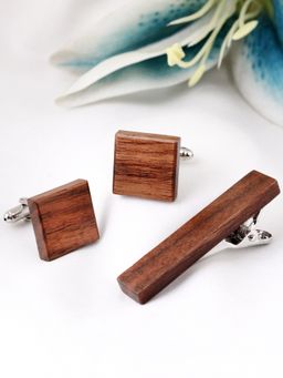 PELUCHE - Walnut Stripes - Teak Wood Brown Cufflink & Tie Pin Gift Set