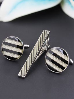 PELUCHE - Designer Crystal Stripe Multicolored Cufflink & Tie Pin Gift Set