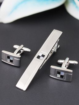 PELUCHE - Checks - MOP & Onyx Silver-G Cufflink & Tie Pin Gift Set