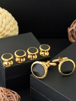 PELUCHE - Golden & Black Crystal Studded Cufflink & Shirt Stud Gift Set