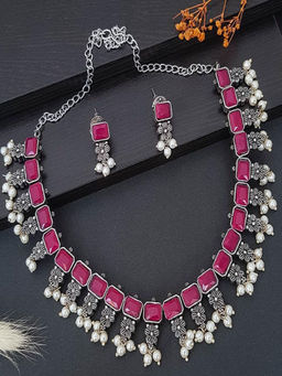 GRIIHAM - Pink German Silver Oxidised Navaratnam Jewellery (Set of 2)