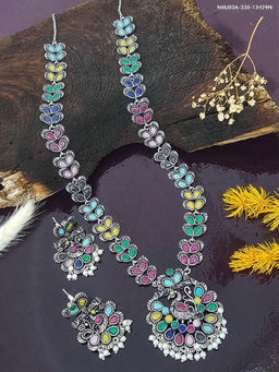 GRIIHAM - German Silver Plated Oxidised Long Multicolour Stone Jewellery (Set of 2)