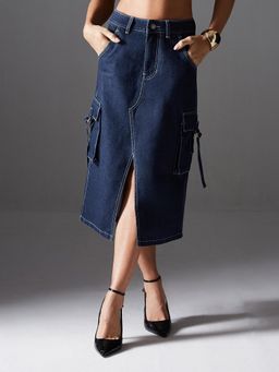 Miss Chase - Womens Navy Blue Straight High Rise Clean Look Midi Denim Skirt