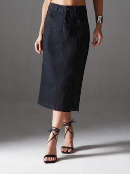 Miss Chase - Womens Black Straight-Fit High-Rise Stretchable Denim Midi Skirt