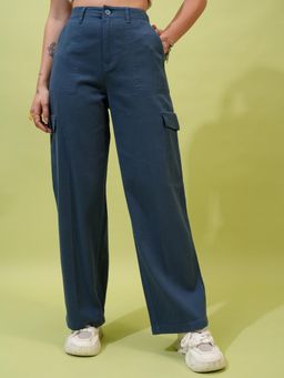 TOKYO TALKIES - Women Teak Flared High-Rise Cotton Cargo Trousers