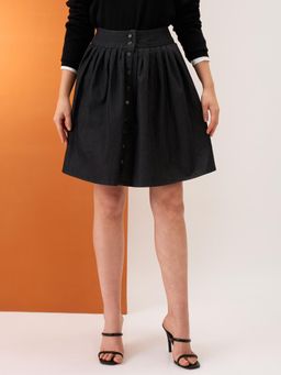 Globus - Women Black High-Rise Pleated Button-Down Above Knee Flared Denim Skirt