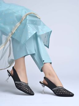 Shoetopia - Pointed Toe Embellished Black Sandal Heels for Women