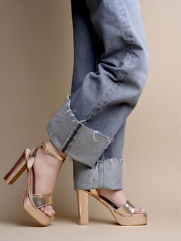 Shoetopia - Casual Ankle Strap Gold Sandal Heels for Women