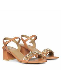 Saint G - Stones Embellished Tan Leather Block Heels