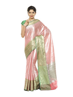 Banarasi Silk Works - Pink Kanchi Silk Zari Green Pattu Border Saree with Unstitched Blouse
