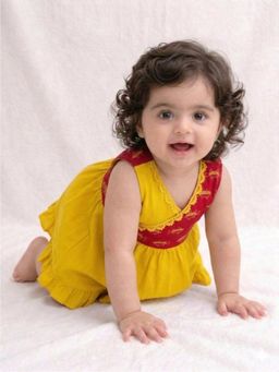 BownBee - Infants Girls Yellow Pure Cotton Embroidered Summer Frock