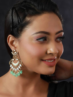 Priyaasi - Mirror Studded Green Enamelled Peacock Drop Earrings