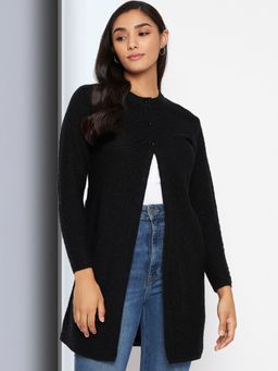 CLAPTON - Womens Wool Blend Black Full Sleeve Solid Self Design Round Neck Cardigan