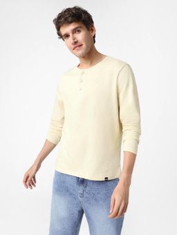 Urbano Fashion - Mens Cloud Cream Solid Henley Neck Slim Fit Full Sleeve Cotton T-Shirt
