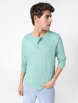 Urbano Fashion - Mens Turquoise Solid Henley Neck Slim Fit Full Sleeve Cotton T-Shirt