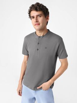Urbano Fashion - Mens Dark Grey Solid Hanley Neck Slim Fit Half Sleeve Cotton T-Shirt