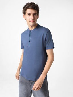 Urbano Fashion - Mens Blue Solid Hanley Neck Slim Fit Half Sleeve Cotton T-Shirt