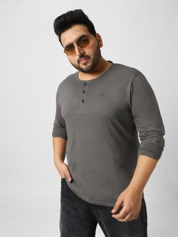 Urbano Plus - Mens Dark Grey Solid Henley Neck Regular Fit Full Sleeve Cotton T-Shirt