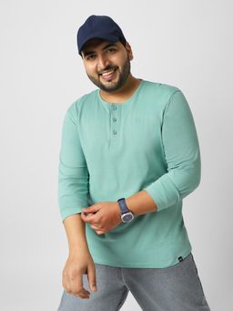 Urbano Plus - Mens Turquoise Solid Henley Neck Regular Fit Full Sleeve Cotton T-Shirt