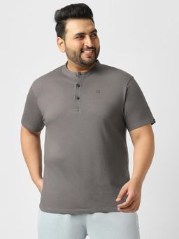 Urbano Plus - Mens Dark Grey Solid Hanley Neck Regular Fit Half Sleeve Cotton T-Shirt