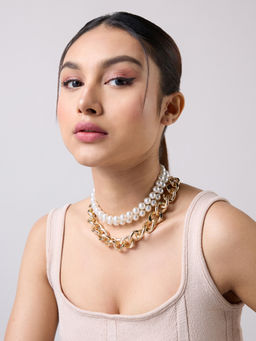 Twenty Dresses by Nykaa Fashion - Pearl Gold Layered Chocker Necklace (Set of 2)