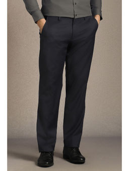 Louis Philippe - Men Navy Blue Solid Flat Front Formal Trouser