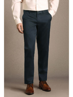 Louis Philippe - Men Teal Solid Flat Front Formal Trouser