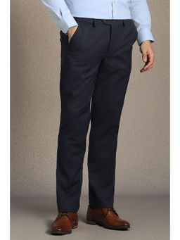 Louis Philippe - Men Navy Blue Textured Flat Front Formal Trouser