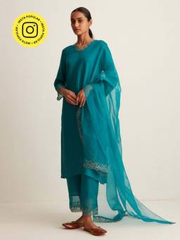 Ancestry - Sea Flower Teal Embroidered Dupatta