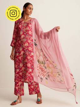 Ancestry - Kamal Phool Pink Printed Dupatta
