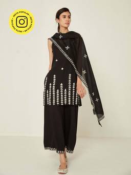Ancestry - Black Viscose Embroidered Flared Palazzo