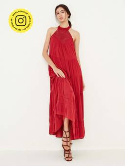 Ancestry - Maroon Solid Maxi Tiered Dress