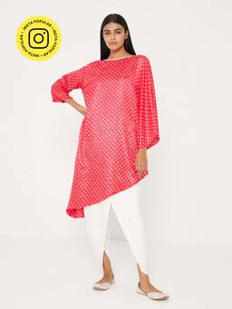 Ancestry - Red Bandhani Print Asymmetric Kurta