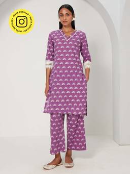 Ancestry - V-Neck Lotus Print Kurta